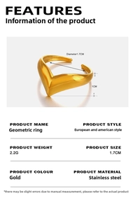 Detailed size chart for V-shaped gold stainless steel ring showing 1.7cm diameter