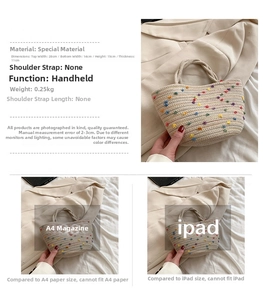 Detailed size comparison of a woven straw bucket bag with colorful polka dot accents