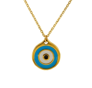 Detailed close-up of golden evil eye pendant with blue and white enamel on a fine chain