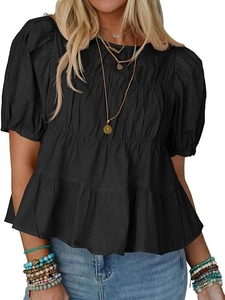 Women's black short sleeve blouse with puff sleeves and tiered pleats in A-line loose fit
