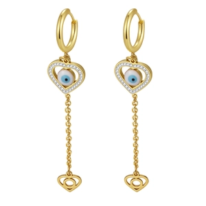 Gold stainless steel hoop earrings with evil eye heart tassel and crystal accents