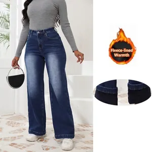 Jeans Da Donna Vita Alta Gamba Larga Foderati In Pile Pantaloni Denim Dritti Elastici Stile Vintage