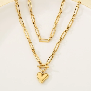 Collier double épaisseur en acier inoxydable doré avec pendentif cœur et fermoir OT