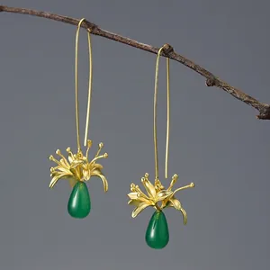 Lycoris Radiata Dangle Earrings Handmade 925 Sterling Silver 18K Gold Plated Green Chalcedony Floral Vintage For Women