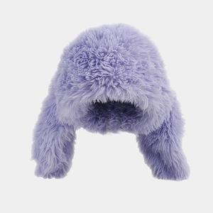 Detail showing the thick purple plush faux fur texture of this warm trapper hat