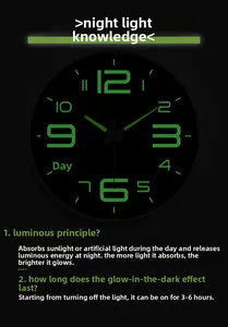 Luminous wall clock detail with green glowing numbers on black dial and night display