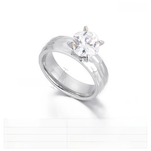 Macro shot of 6mm stainless steel hammered ring with square four-prong cubic zirconia