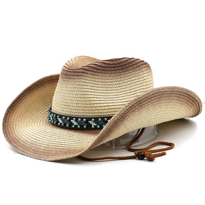 Western style woven straw sun hat with brown gradient and ethnic beaded band detail