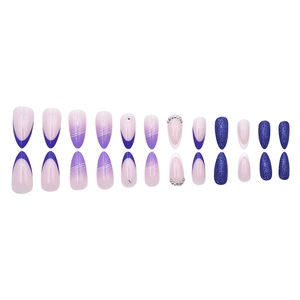 Faux ongles amande violets avec pointes françaises, dégradés pailletés et strass lot de 24