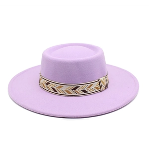 Classic lavender wool felt boater hat with a flat wide brim and geometric woven band