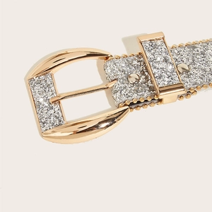 Detailed macro view of a gold buckle and sparkling silver sequins on a wide fashion belt
