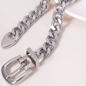 Polished silver metal body chain belt with thick links and a classic pin buckle