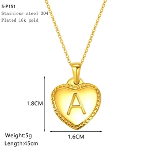 Gold plated stainless steel heart necklace with letter A pendant and size specifications