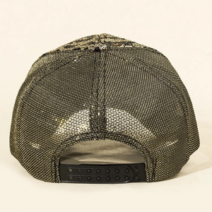 Detail view of the gold and black sequin baseball cap with adjustable plastic snapback