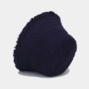 Japanese style navy blue cotton bucket hat with raw frayed edges for a casual vintage look