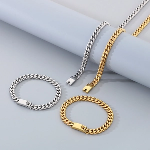 Fashion titanium steel Cuban link necklaces and bracelets in gold and silver set