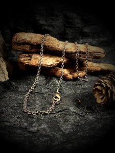 Macro detail of retro bronze chain necklace draped over weathered wood with pinecone