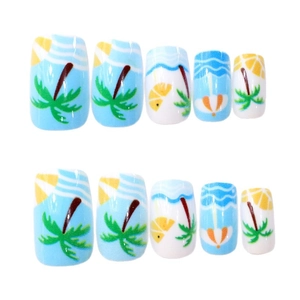 Hawaiian beach style press-on nails featuring tropical palm trees and waves design