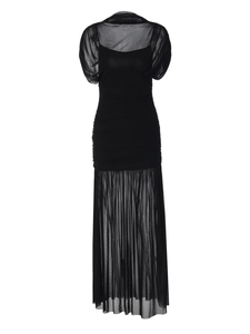 Elegant black ruched mesh long dress with sheer sleeves and a slim fit design for women