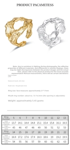 Size chart for irregular lava texture S925 sterling silver adjustable open ring