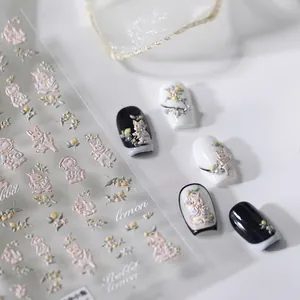5D Embossed Nail Stickers Cute Rabbit Lemon Flower Design Self Adhesive DIY Manicure Decals Relief Art For Women