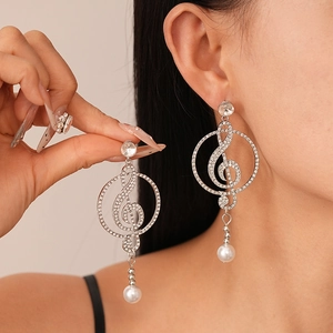 Treble Clef Music Note Dangle Earrings With Alloy Rhinestone And Artificial Pearl And Silver Earring Post For Women