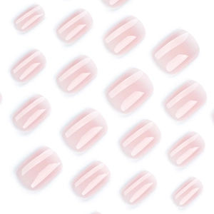 French minimalist short square press-on nails with pink gradient and glossy finish