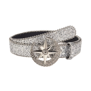 Women's silver sequin belt with crescent moon and star buckle featuring small rhinestones