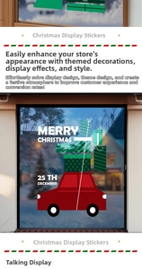 Detail of Christmas window sticker featuring a red car with gifts and Merry Christmas text