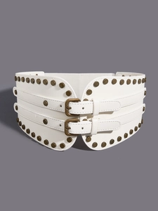 Vintage white elastic corset belt with metallic rivets and double brass buckle design