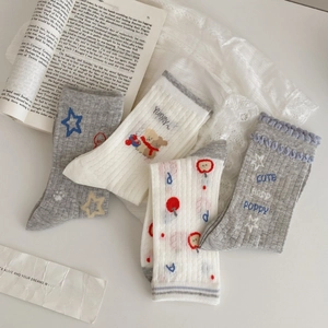 Breathable mesh cotton crew socks set in grey and white with cute cartoon embroidery