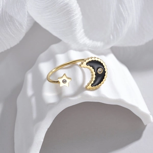 14K gold plated celestial moon and star adjustable open ring with black enamel inlay