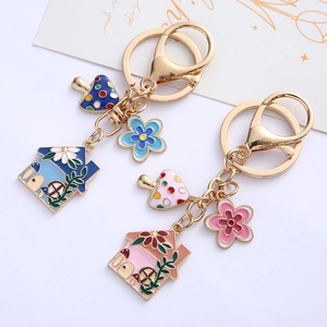 Cute enamel house and flower keychain set with golden alloy base for bags