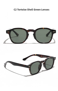 Detailed views of tortoise shell sunglasses with dark green lenses and size specifications