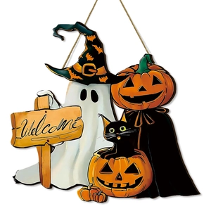 Cartel de bienvenida de Halloween en madera con fantasma y calabaza decoración