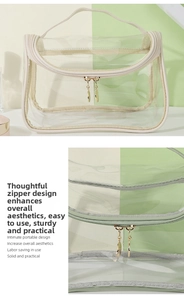 Detail of clear PVC toiletry bag showing golden dual zippers and reinforced cream edges
