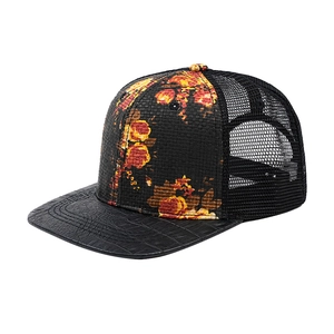 Flat brim baseball cap with floral print front and black crocodile texture visor