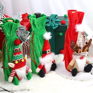 Festive Christmas wine bottle covers with plush reindeer and elf designs for home decor