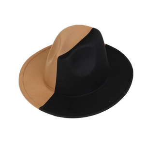 Top-down view of bicolor wool felt fedora with tan and black contrast seam details