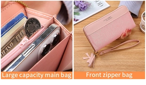 Detailed view of pink glitter long wallet showing multi-card slots and phone compartment