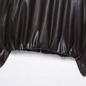 Retro coffee brown PU leather jacket featuring elasticated hem and smooth zipper detail