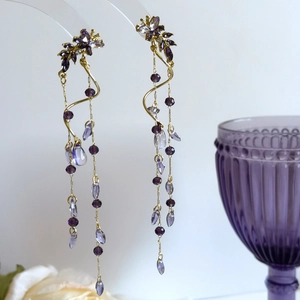 Vue détaillée de ces élégantes boucles d'oreilles glycine violette à longues franges.