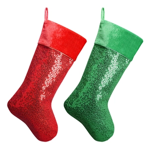 Large sequined Christmas stocking set in red and green with velvet cuffs for tree decoration