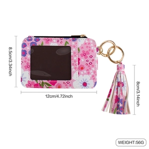 Floral print coin purse with tassel and clear ID window, dimensions 12x8.5 cm macro view