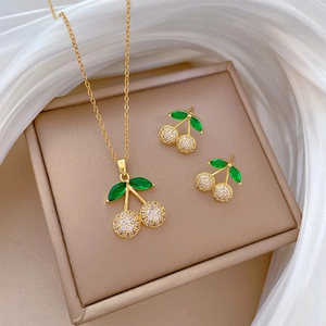 Cherry Pendant Necklace And Earrings Jewelry With Zircon Titanium Steel And Silver Earring Post For Women