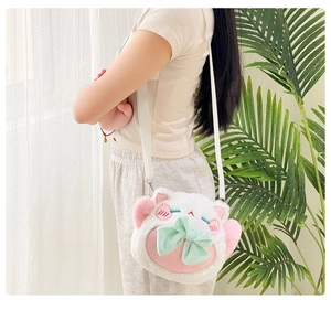 Cute white plush cat crossbody coin purse with pink ears and a mint green bow detail