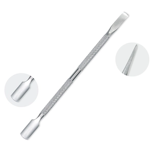 Dual-head stainless steel cuticle pusher tool with non-slip handle and detail zoom views