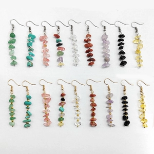 Handmade bohemian dangle earrings set with colorful natural crystal beads and stone tassels