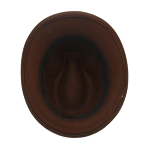 Overhead view of a classic brown wool fedora hat with interior lining and sweatband detail
