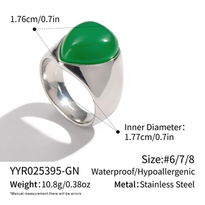 Détail d'une bague en acier inoxydable argenté avec une pierre naturelle verte en goutte
